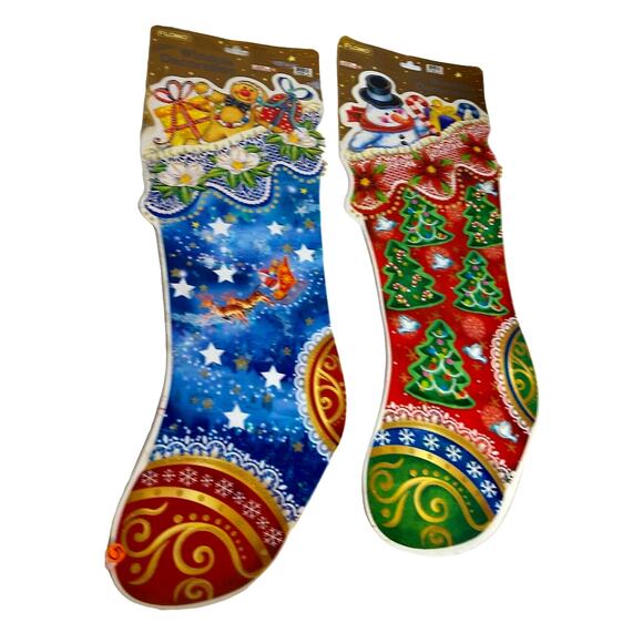 Vintage Flomo Glitter Window Decoration Cling Christmas Stockings SET OF 2 - Picture 2 of 8